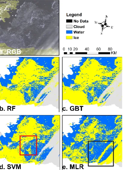 Figure 3-8 Ice maps of Great Slave Lake (Canada) during break-up (5 June 2003, UTC  19:15) produced by the four classifiers