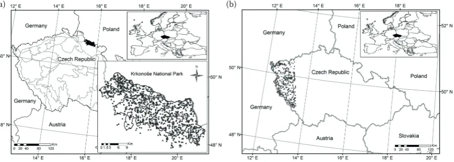 fig. 1. Permanent research plots in the Krkonoše national Park (a), czech national forest inventory sample plots (b)