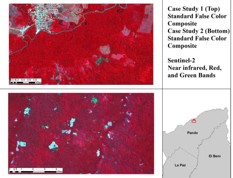 Figure 2: Depicted above are the case study locations visualized through the conventional RGB false color composite using the  Sentinel-2 Red, Green, and Near infrared bands