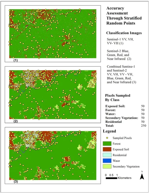 Figure 9: Case 1 Accuracy Assessment points for each classification image. Due to spatial differences between the classes  captured in the Sentinel-1 image vs the Sentinel-2 and combined Sentinel product, each accuracy assessment was independently  created