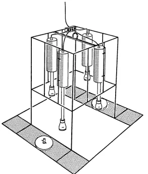 Fig. 1. Steel frame with four PVC water bottles, water inlets at different heights above the ground plate