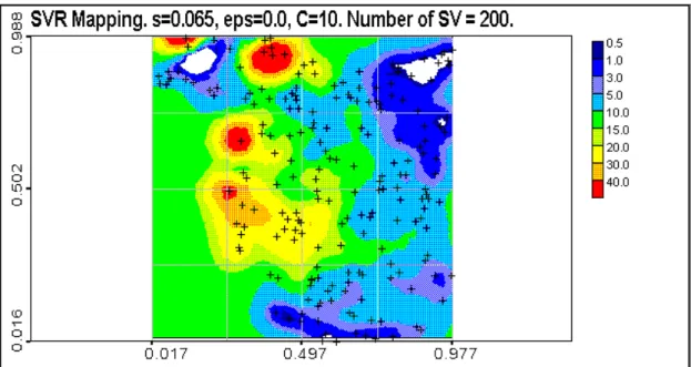 Figure 4.6.  SVR mapping at kernel bandwidth s= 0.065, C=10 and epsilon = 0.0. Number of support vectors NSV = 200 (all data).