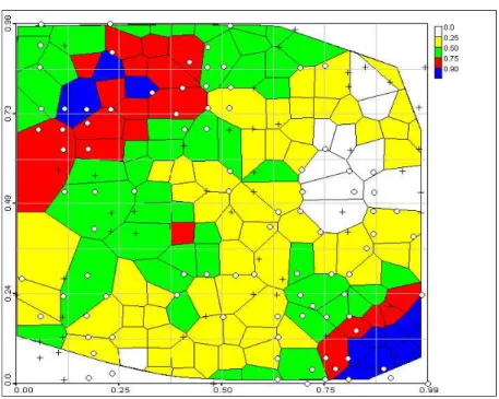 Figure 2. Presentation of training data set as area-of-influence polygons. Post plot of testing (“+”) and validation (“O”) data sets.