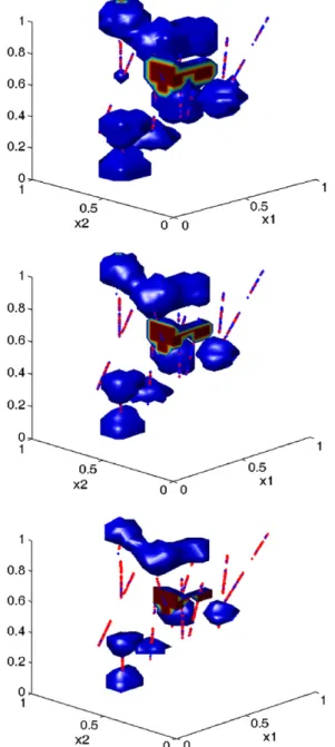 Fig. 1. Slate deposit quality maps. Maps for qualities greater than 1, 2 and 3 (reading top down) obtained using multiclass SVM, with the covariograms associated with the variograms used as kernels for the three binary classiﬁcation problems