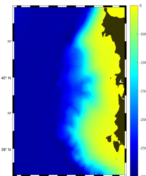 Figure 2. The ROPS domain; the colour code indicates the waterdepth (m) after smoothing.
