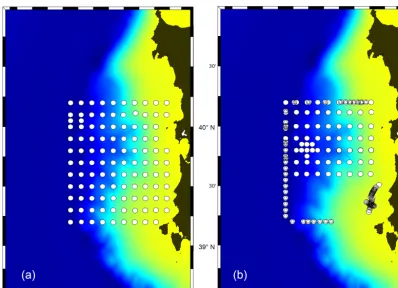 Figure 4. Positions of lowered CTD (circles) and underway CTD (triangles) casts collected during (a) Leg 1 (6–11 June) and (b) Leg 2(12–20 June) of the REP14-MED experiment