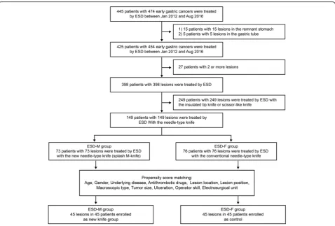 Fig. 2 Flowchart of patients and lesions enrolled in this study. ESD, endoscopic submucosal dissection; ESD-M, endoscopic submucosal dissectionwith splash-M knife; ESD-F, endoscopic submucosal dissection with Flush Knife BT