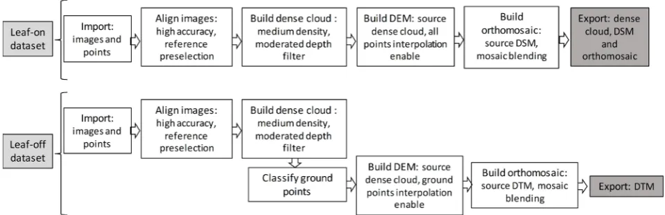 Figure 2. UAV processing steps applied on the leaf-on and leaf-off UAV imagery datasets to obtain the othomosaic, DSM and DTM
