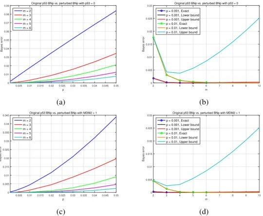 Figure 2.6: (a) and (b): Bayes error versus p and m. First class is the wild-type p53 BNp, and the second is mutated BNp with deactivated gene p53
