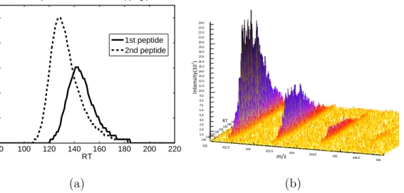 Fig. 6. Overlapping signals of the first pair in 16-mix. a) Overlapping LC profiles of the two peptides