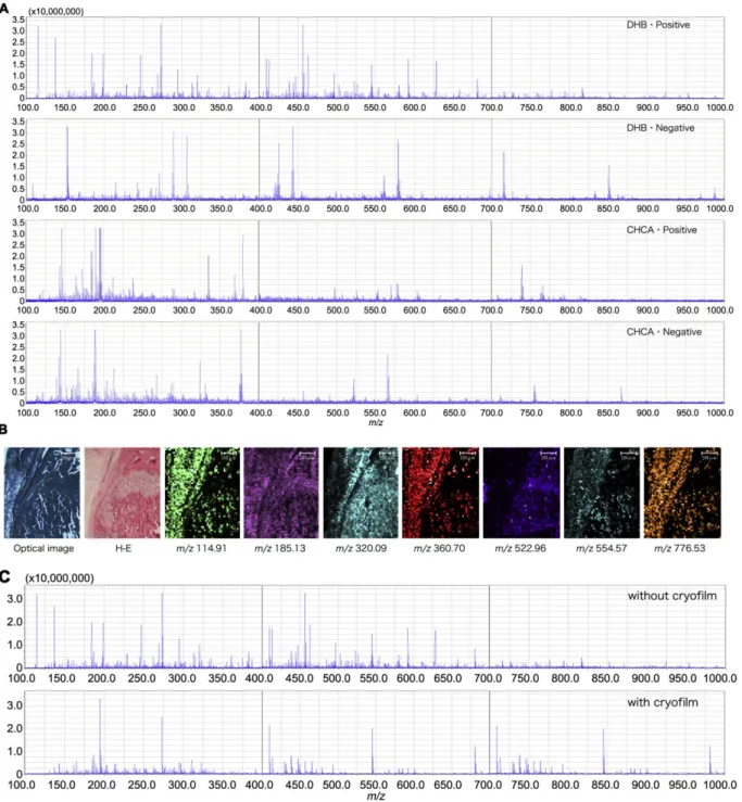 Fig. 2. Mass spectra (maximum intensity) and MALDI-IMS analysis of TCA-treated samples in the range of m/z 100–1000 under various conditions