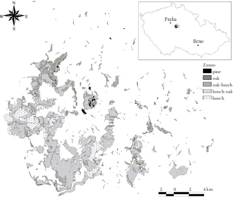 Fig. 1. The area of the University Forest Enterprise “Kostelec nad Černými lesy”. Forest altitudinal zones as defined by Zlatník (1976)