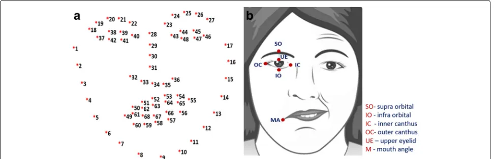 Fig. 3 Facial landmarks or key points. a 68 key points, and b salient points for each facial feature utilized in this study