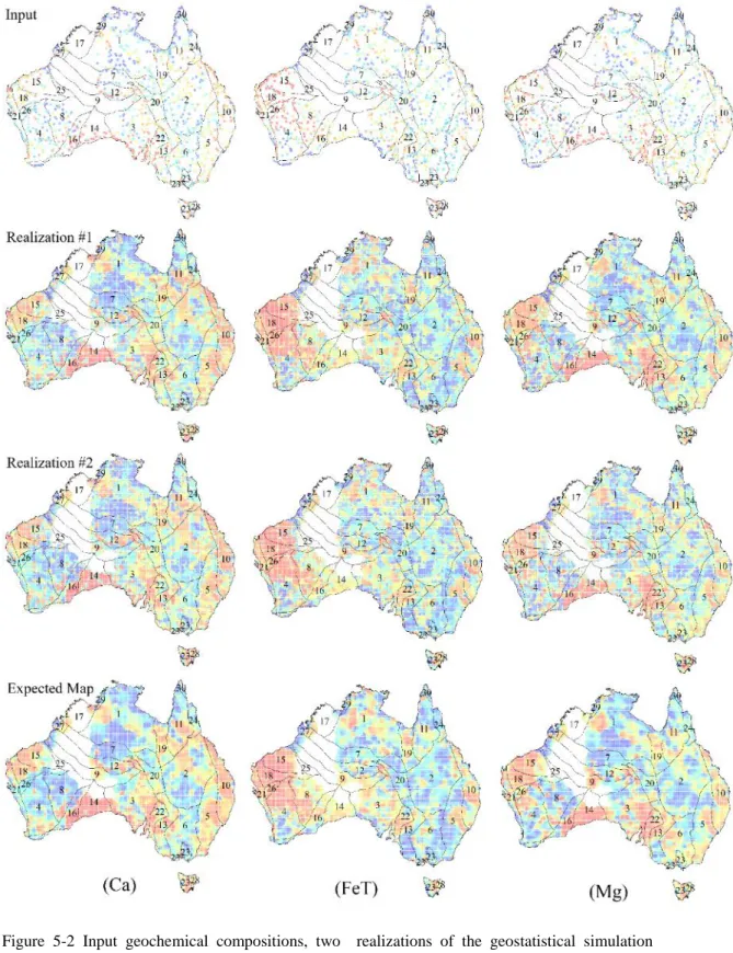 Figure  5-2  Input  geochemical  compositions,  two    realizations  of  the  geostatistical  simulation  procedure and expected map for three major components Ca, total Fe and Mg (warm colours are  associated with high values) 