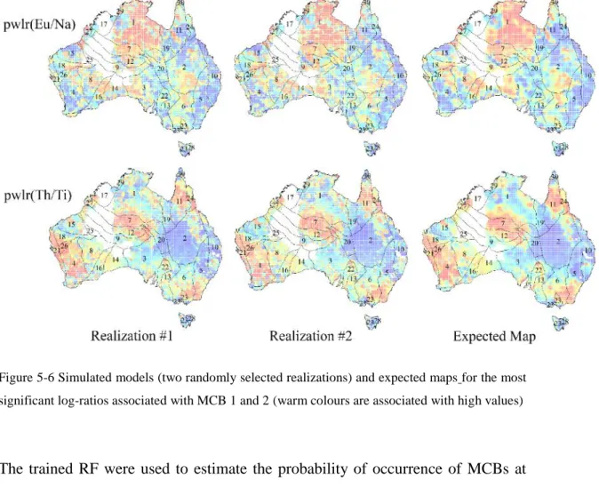 Figure 5-6 Simulated models (two randomly selected realizations) and expected maps for the most  significant log-ratios associated with MCB 1 and 2 (warm colours are associated with high values) 