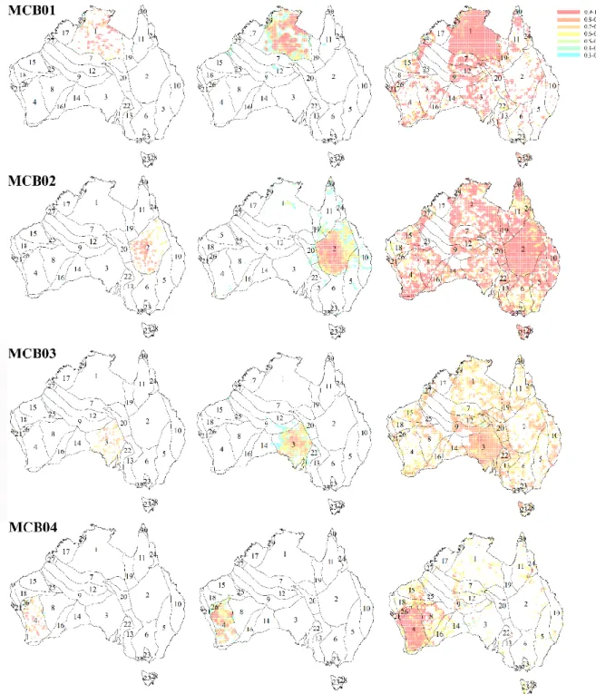 Figure 5-7 Maps of minimum (first column), expected (middle column) and maximum (last  column) probability of occurrence for MCB 1 to 4 