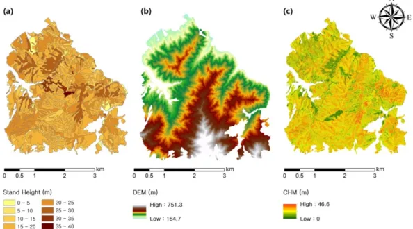 Figure 8. Maps for the study area: (a) arithmetic mean height with RT model + Scheme 1, (b) digital  elevation model (DEM), and (c) canopy height model (CHM)