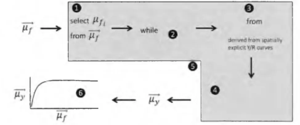 Figure 2.1:  Development of the composite Y/R  model.  Steps are:  (1)  an average  F, μ f i ,  is selected from  the vector of average fishing mortalities μ f;   (2) fishing  mortalities  by location  (f )  are derived from  the  observed fishing  mortali
