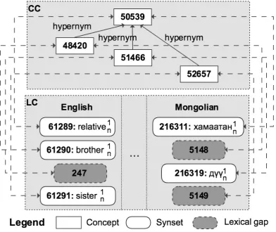 Figure 3.1: A fragment of the semantic network of concepts and their synsets.