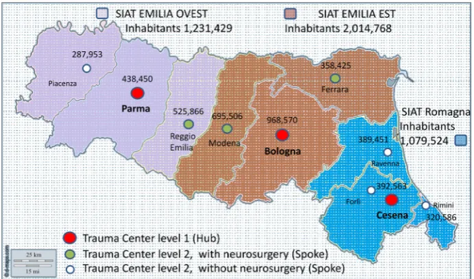 Figure 1 Simplified map of the Emilia Romagna region. The territory is divided into three SIATs and the central location of the three corresponding trauma centres level I (hubs) is reported