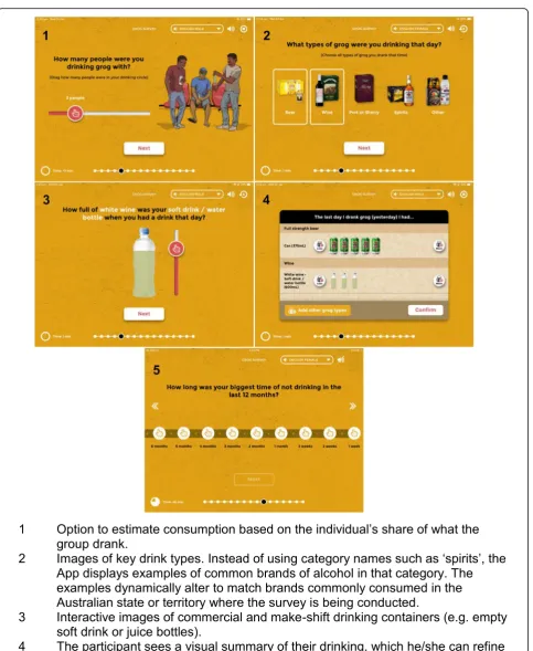 Fig. 1 Screengrabs showing key features of the Grog Survey App