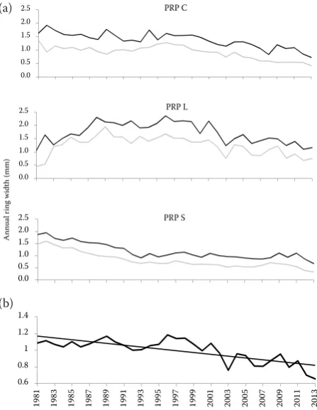 Fig. 3. Annual tree-ring chronology of:  dominant (black line) and co-dominant (grey line) trees for PRP C, S, L in the period 1981–2013 (a), increment in the entire study area after removing the age trend in Arstan software (b)