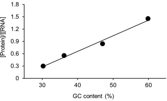 Figure 3. GC content of the coding sequence of BFP affects the synthesis of protein. The coding sequence of the protein was modified to maximize either the AT or GC content