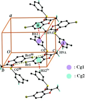Figure 2A view along the b axis of the crystal packing of the title compound, showing the C—H···π and Br···O interactions as 