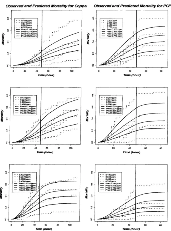 Figure  2.3.  Observed  and  predicted  mortality  of  amphipods  by  linear  dose  effect  TK  model  for  three CUSO4  and  NaPCP exposure:  each connected  line stands  for each  dose, the  dotted  lines  are  observed  mortalities,  and  the  smooth  l