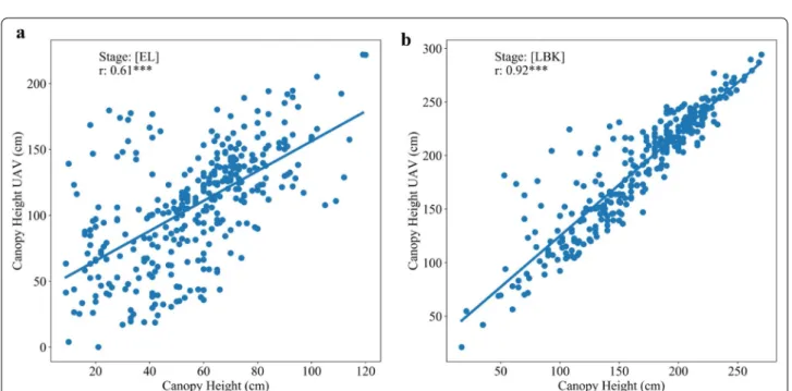Fig. 7  Comparison of canopy height UAV versus canopy height of cassava at EL (Elongation) and LBK (Late Bulking) during trial two