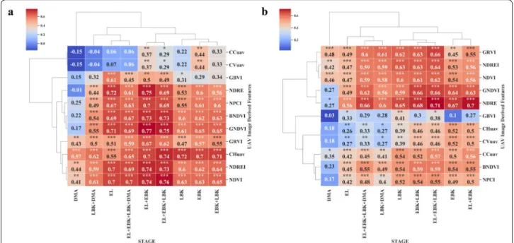 Fig. 8  Pearson correlation analysis between remote sensing features versus shoot and root traits at different cassava phenological stages under  drip irrigation management during the trial two