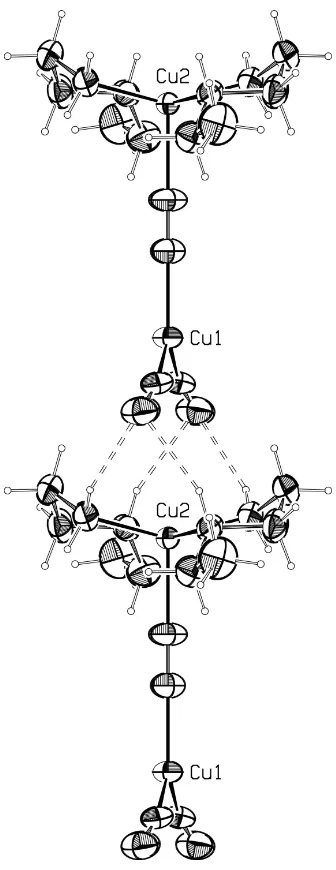 Figure 3View of the title complex perpendicular to the crystallographic twofold axis, indicating molecules connected by hydrogen 