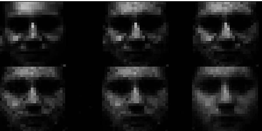 Figure 6: A set of reconstructed faces from a training image. From left toright, top to bottom the images are the original at 625 elements, followedby 400, 200, 50, 10, and 1 element.