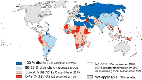 Figure 3 - Countries with % of districts achieving at least 80% DTP3 coverage, 2007.The boundaries and names shown and the designations used on this map do not imply the expression of any opinionwhatsoever on the part of the World Health Organization conce