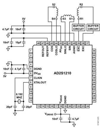 Figure 27 shows a suggested buffer circuit. Capacitor C1 may be  used in parallel with Resistor R2 to filter out any noise that may  exist on the EXC and EXC outputs