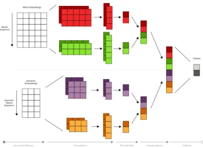 Fig. 2: Dual-representation Convolutional Neural Network (CNN) for text classification with word embeddings and semantic embeddings representations