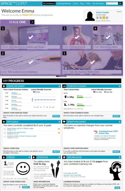 Figure 1SPACE for COPD dashboard screen showing tasks completed in stage 1 as well as an overview of exerciseprogression, goals, knowledge and symptom diary