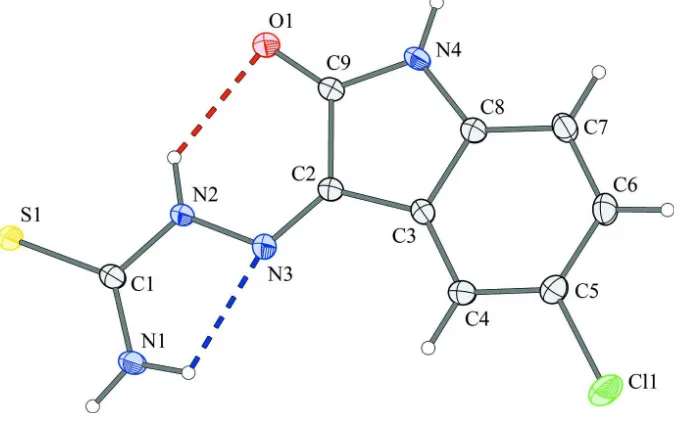 Figure 1Molecular projection showing the asymmetric unit. Intramolecular hydrogen bonds are represented with dashed lines