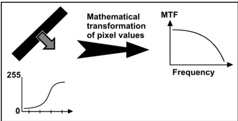 Fig. 20 Graph of the MTF. The MTF shows the performance of the scanning system over the whole range of frequencies (in the target represented by sine waves that are closer and closer together)