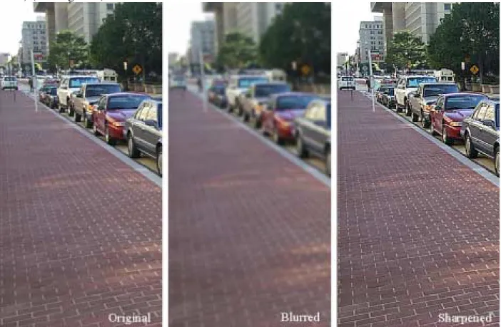 Figure 1.  This example illustrates the effects of linear filtering. Left: original, Middle: blurred image, Right: sharpened image.