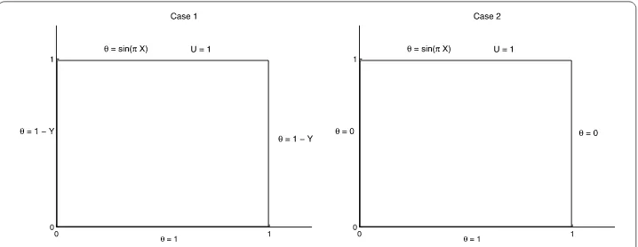 Figure 1 Schematic sketch of the cavity problem with, Case 1, linearly heated side walls and, Case 2,uniformly cooled walls.
