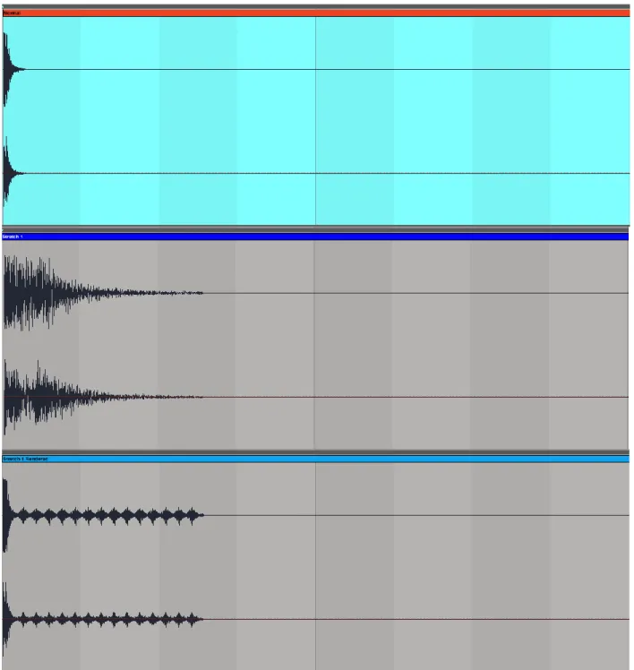 Figure 3.4: Normal drum hit (Top) drum hit stretched (Middle) stretched drum hit  with glitches rendered (Bottom)