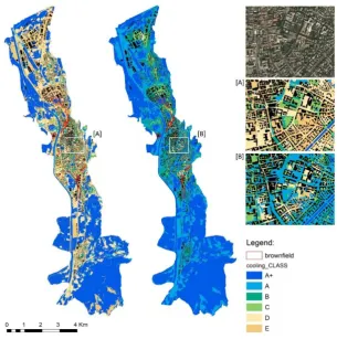 FIGURE 4.5: Maps of the cooling capacity (left and [A] zoom) and of the cooling effect (center and [B] zoom) of urban green infrastructure in the most urbanized part of the city of Trento