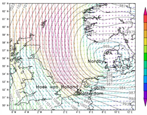 Figure 4. Wind and pressure ﬁelds for the situation leading to thehighest surge in Hoek van Holland that occurred in the ECMWF-WAQUA/DCSMv5 ensemble