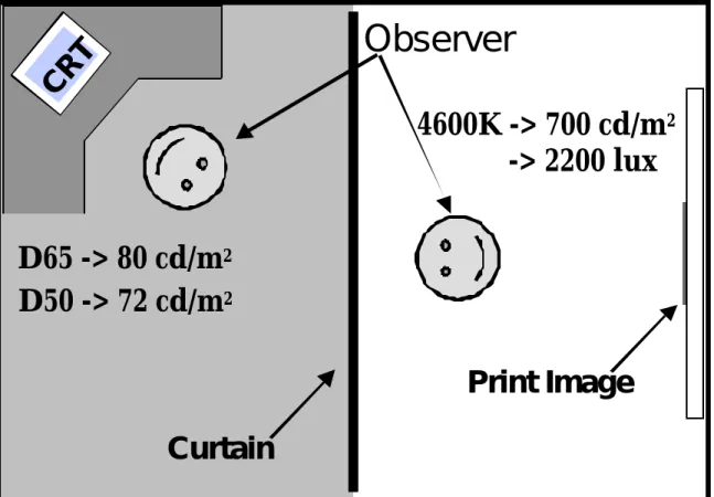Fig. 1. CRT Curtain Print ImageObserverD65 -&gt; 80 cd/m2D50 -&gt; 72 cd/m2 4600K -&gt; 700 cd/m 2            -&gt; 2200 lux