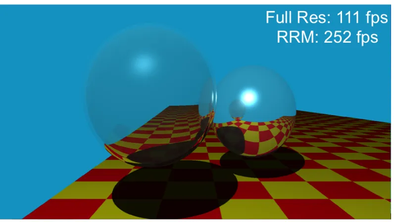 Figure 1.2: This framework renders the classic Whitted scene in 1080p at 111 fps in fullresolution and 252 fps when RRM is enabled.