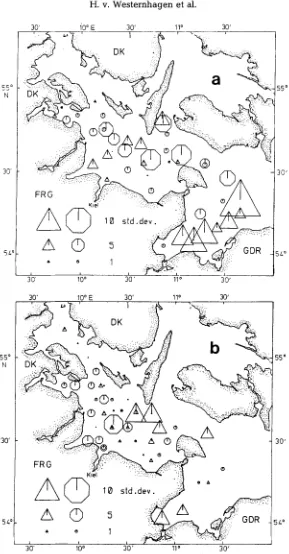 Fig. 9. Occurrence of aberrant cod (a) and plaice (b) embryos in the western Baltic, February/March 1983