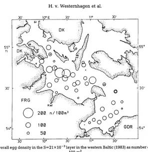 Fig. 2. Overall egg density in the S= 21 x 10 .3 layer in the western Baltic (1983) as number of eggs per OK ~ ~I~ 100 m 3 oii;i...,..~.,..~.~ 