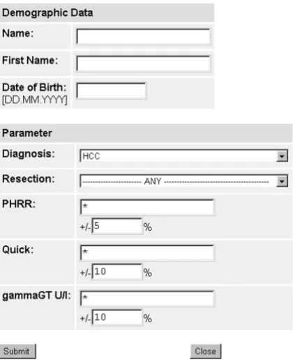 Figure 2Risk assessment form: Demographic data and five parameterscan be entered. Diagnosis and type of resection can beselected on a pulldown menu