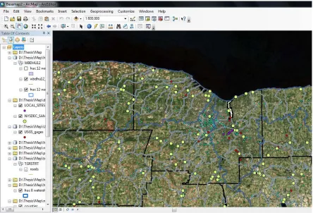 Figure 7. Screen shot of the map, with its legend to the left, this map shows the county boundaries (black lines) watershed boundaries (dark blue), TRI reports (tiny cyan dots), local study sites (purple dots), and NYS DEC sampling sites (yellow dots)